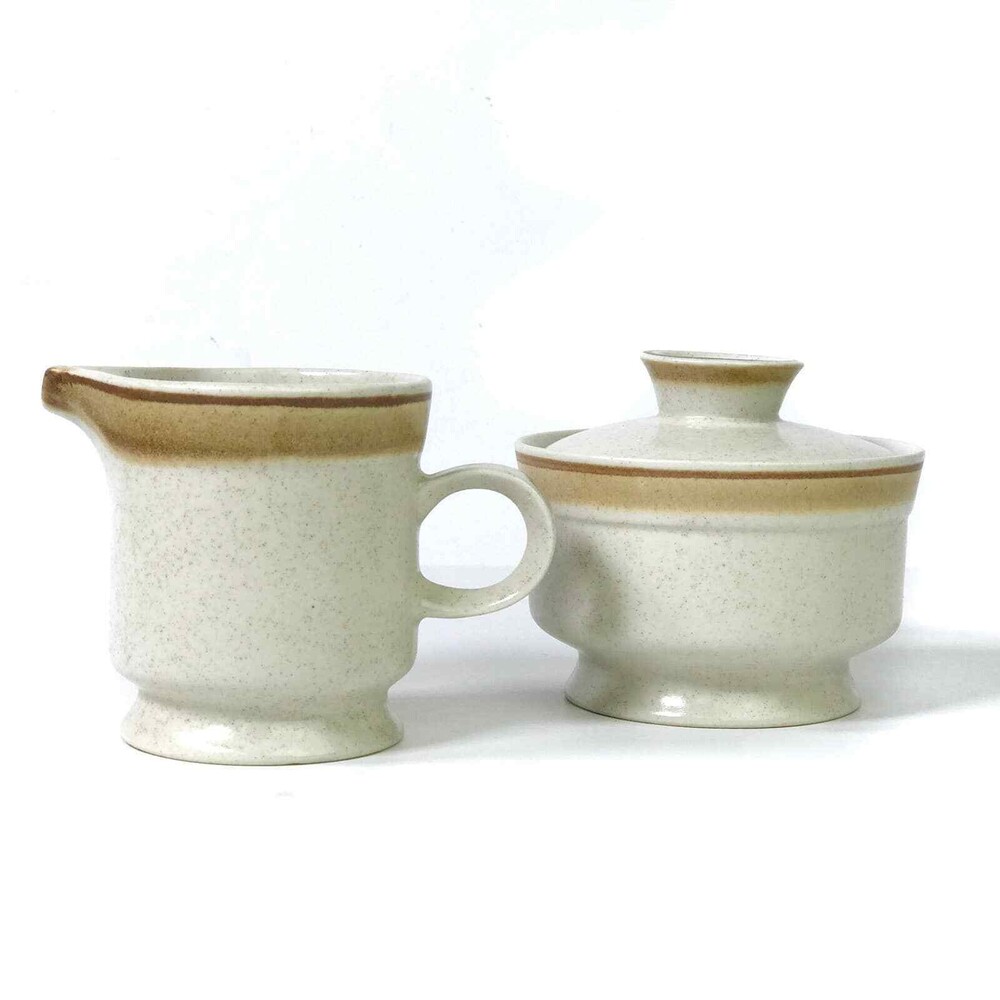 Premier Potterskraft Brownstone Sugar Bowl & Creamer Vintage Speckle Stoneware